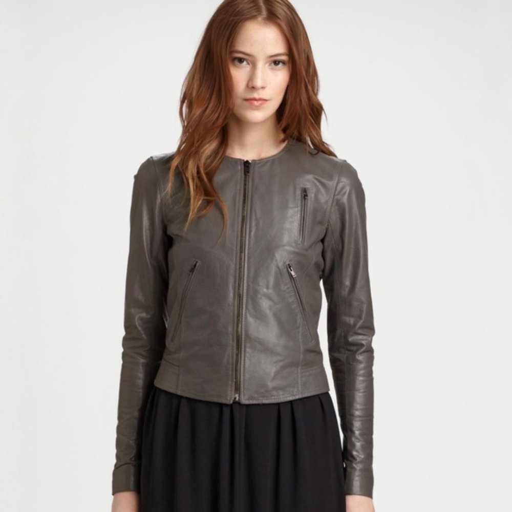 Theory Fida Lamb Leather Jacket Size Small Taupe